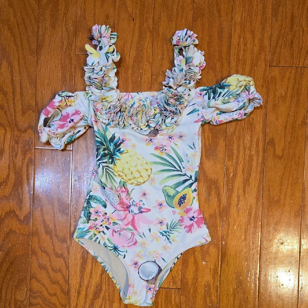 Shade Critters Girls One Piece Swimsuit Size 6 Floral Fruit Ruffle Sleeve EUC